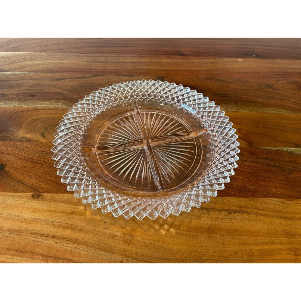 Vintage Pink Depression Glass Divided Relish Dish Hobnail Sunburst 9 Inch